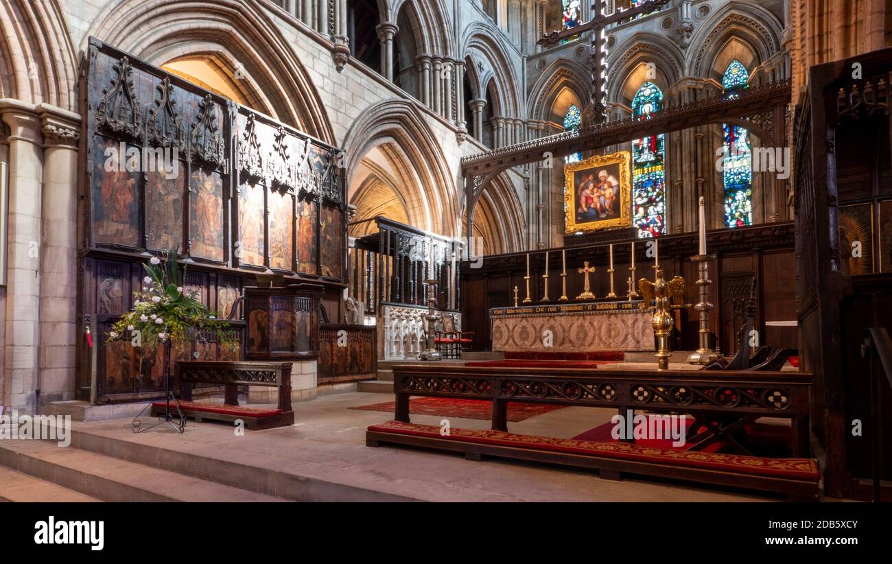 Hexham Abbey, Hexham, Northumberland, England, UK - interior view showing the high altar and the choir. Stock Photo