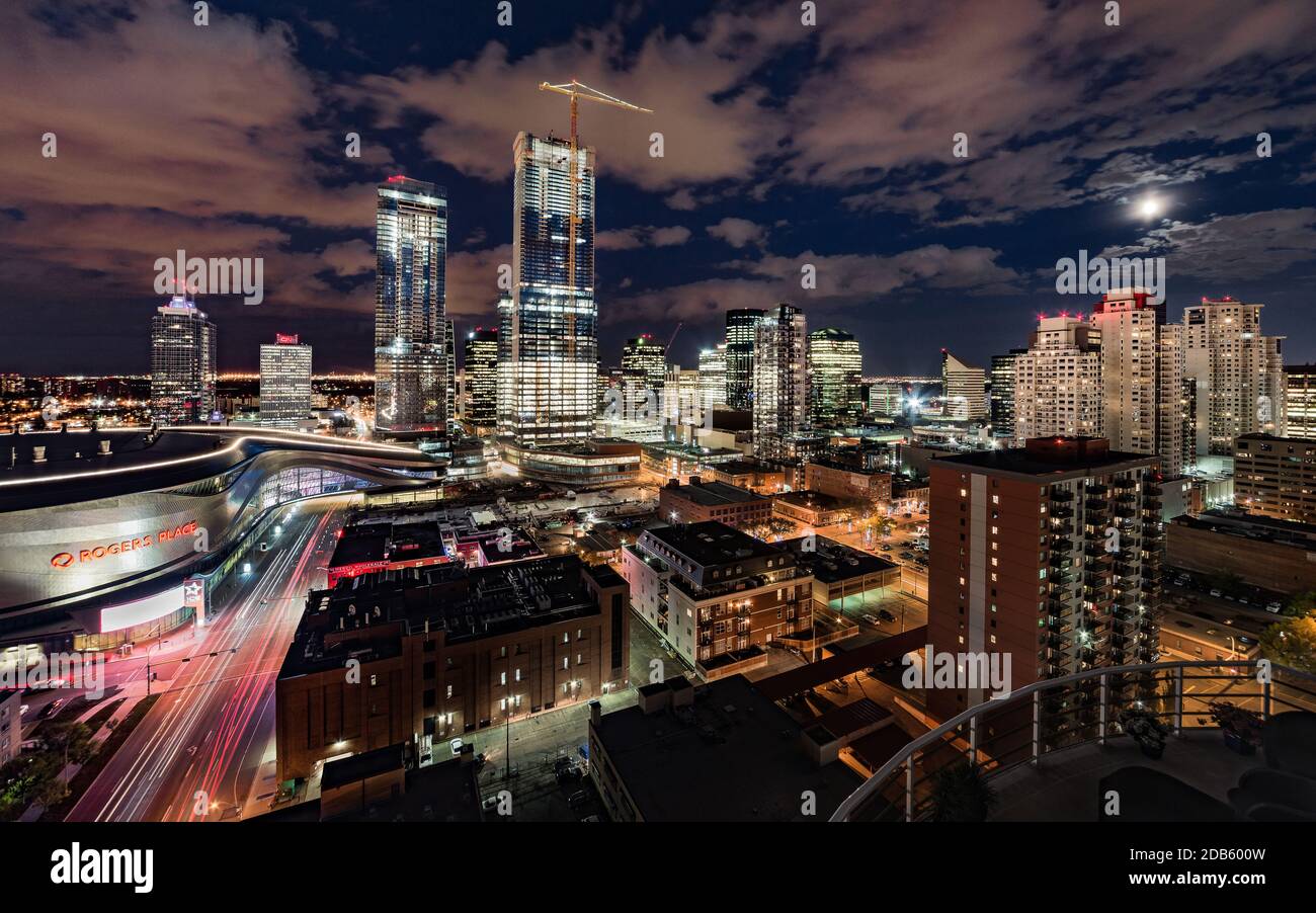 Wide Angle Edmonton Downtown Cityscape Nightscape Stock Photo