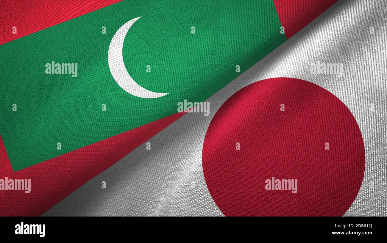 Maldives and Japan two flags textile cloth, fabric texture Stock Photo