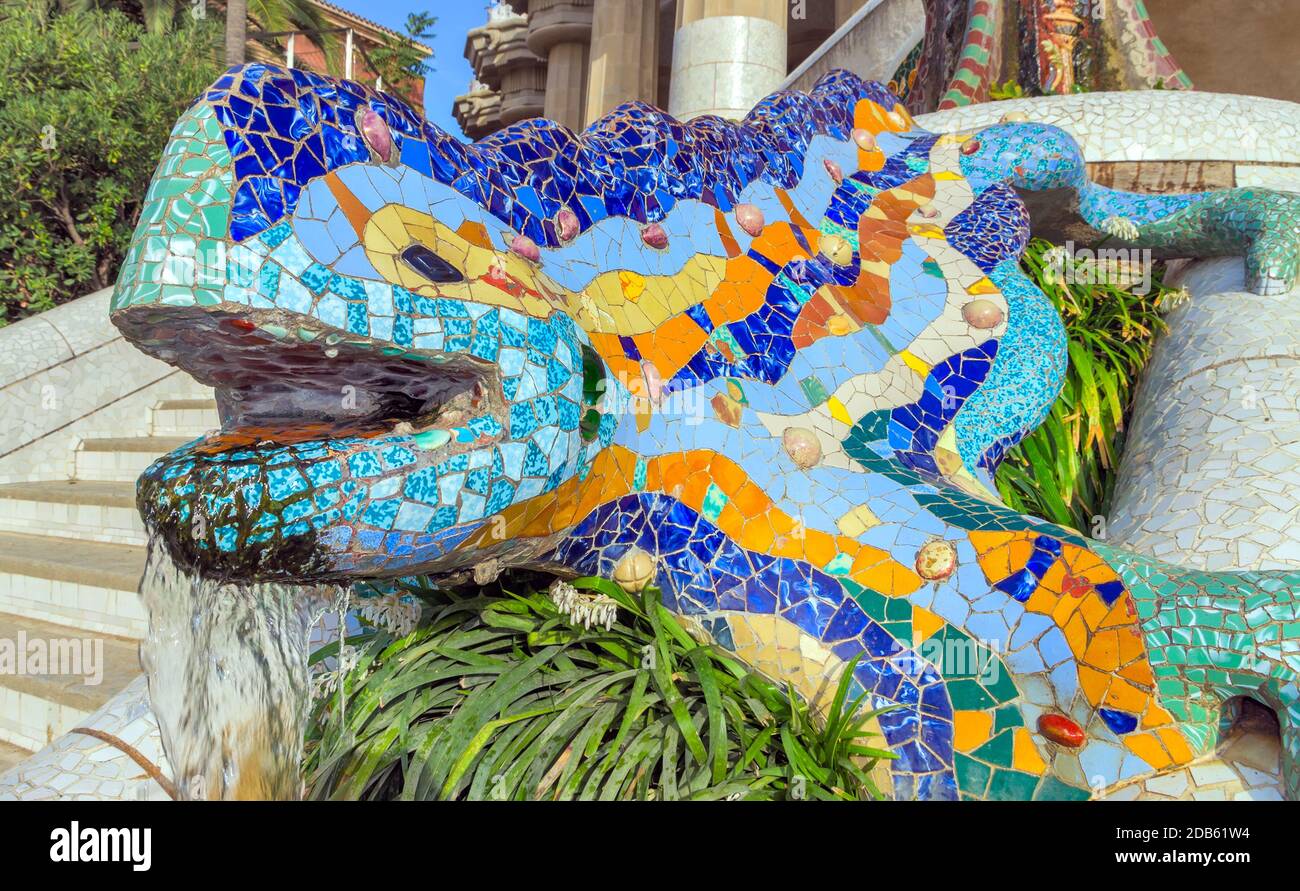 Mosaic sculpture at the Parc Guell designed by Antoni Gaudi located on  Carmel Hill, Barcelona, Spain Stock Photo - Alamy