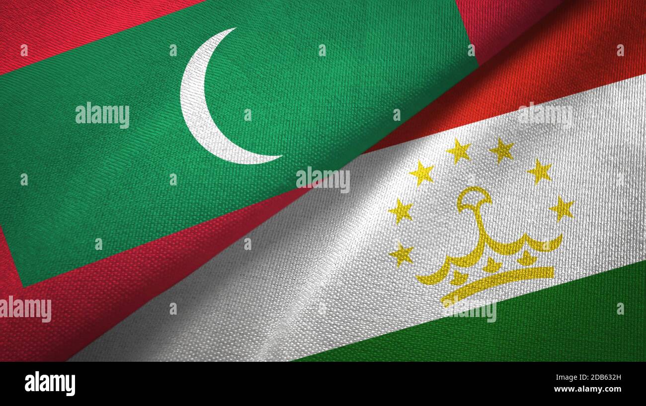 Maldives and Tajikistan two flags textile cloth, fabric texture Stock