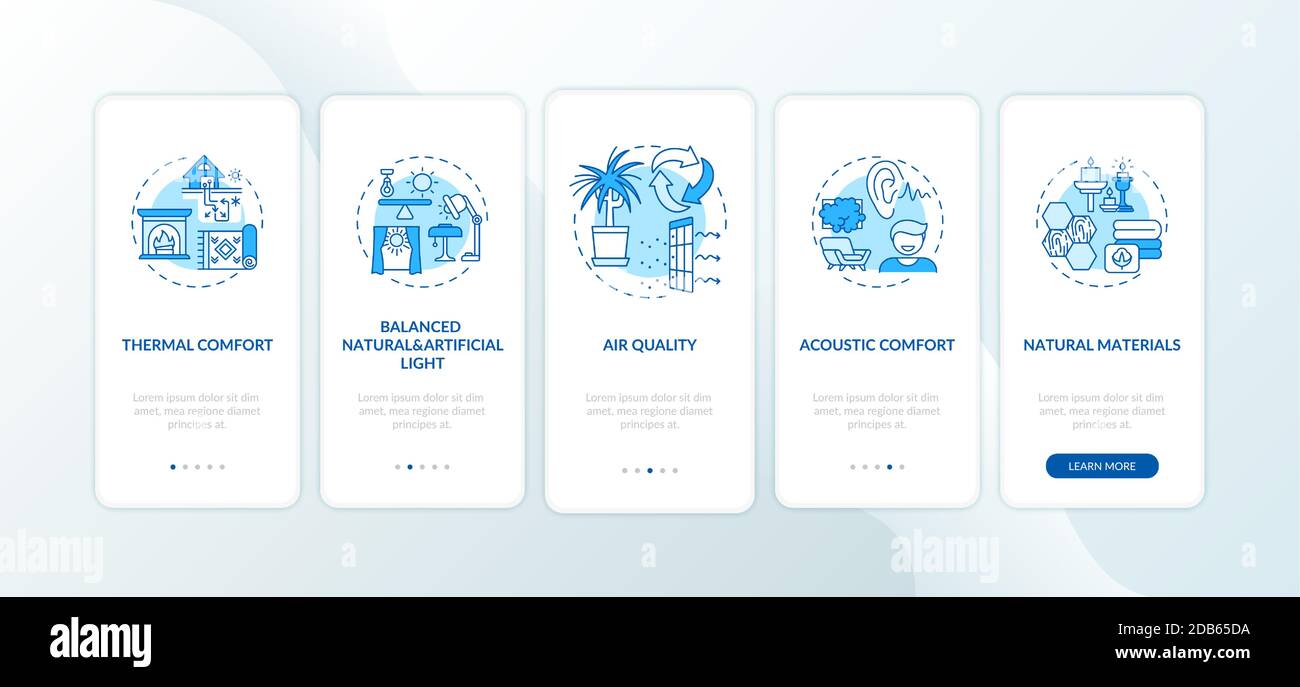 Comfortable home blue onboarding mobile app page screen with concepts Stock Vector