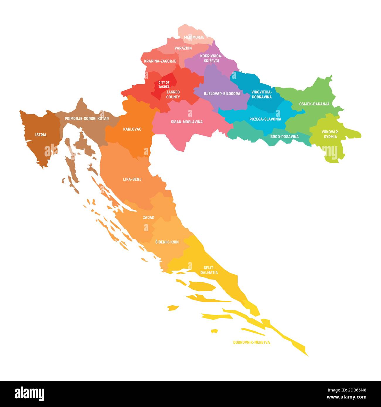 Colorful political map of Croatia. Administrative divisions - counties. Simple flat vector map with labels. Stock Vector