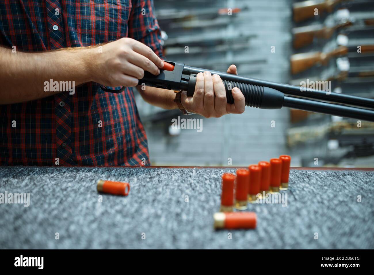 Male person with rifle loads ammo at showcase in gun shop. Euqipment ...