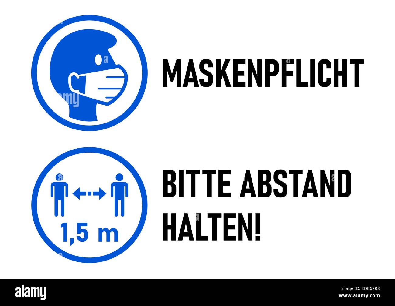 Coronavirus Icons in German including 'Maskenpflicht' (Face Mask Required) and 'Bitte Abstand halten' (Please Keep Your Distance) 1,5 m. Vector Image. Stock Vector