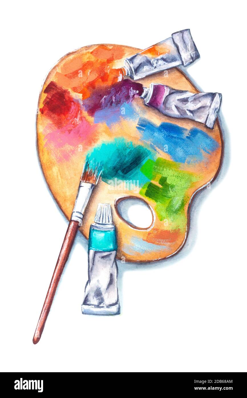 Watercolor Set Of Art Supplies, Wooden Palette With Tubes Of Paints And A Brush Isolated On White Background. Realistic Hand Drawn Illustration Stock Photo - Alamy
