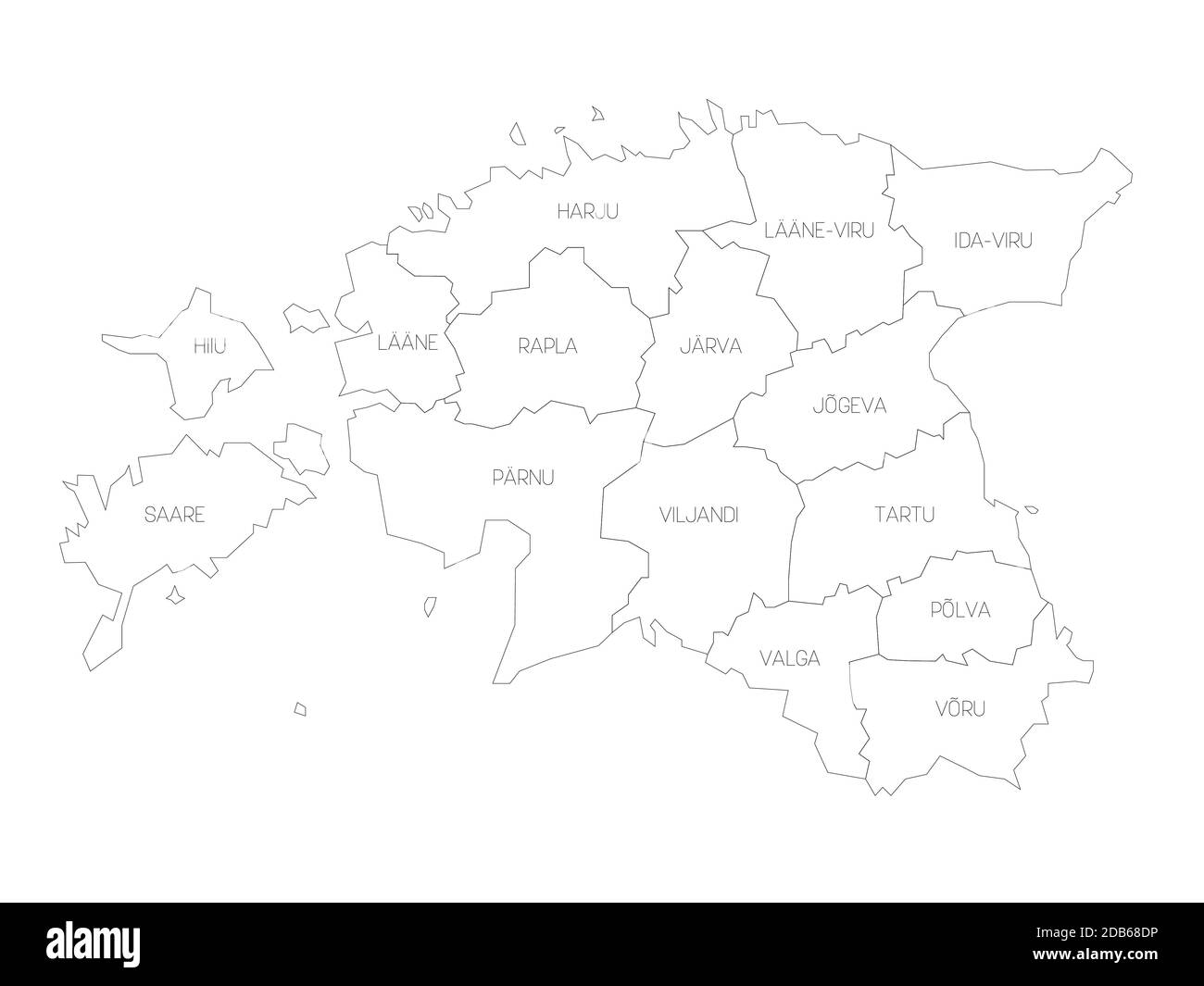 Black outline political map of Estonia. Administrative divisions - counties. Simple vector map with labels. Stock Vector