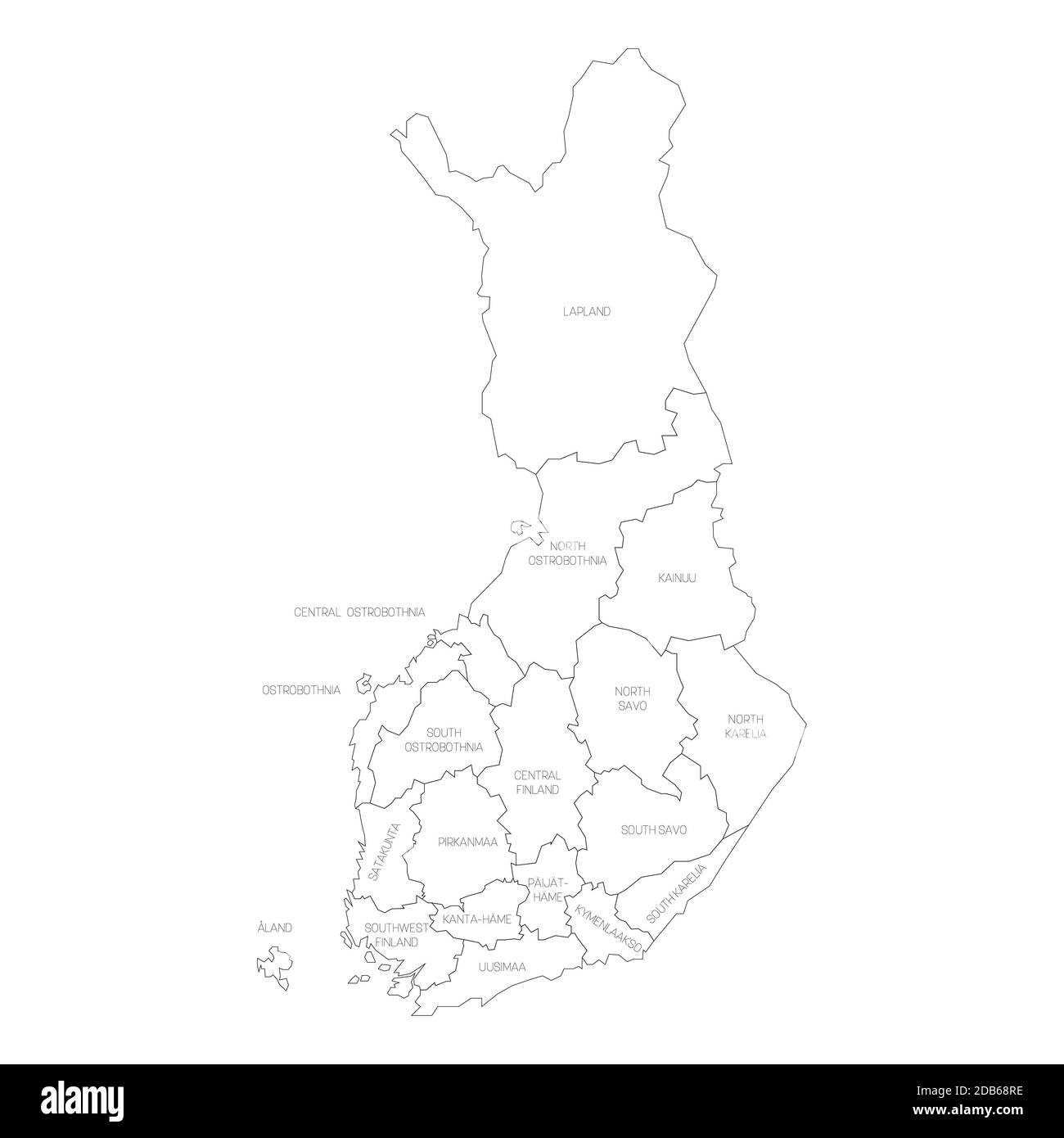 Black outline political map of Finland. Administrative divisions - regions. Simple vector map with labels. Stock Vector