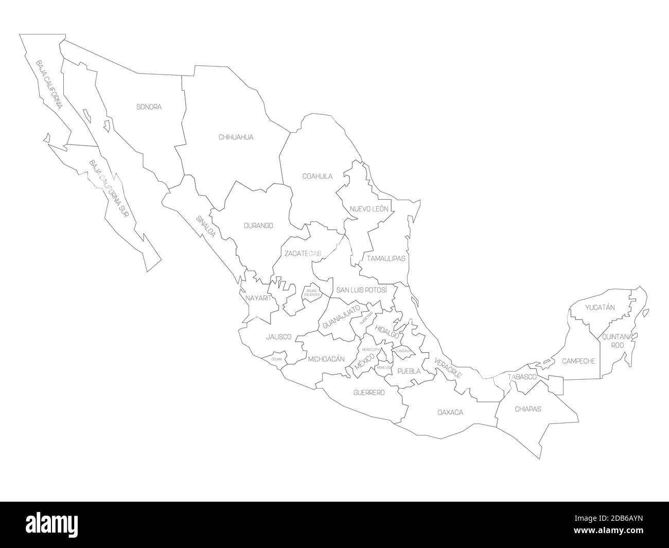 Black outline political map of Mexico. Administrative divisions - states. Simple vector map with labels. Stock Vector