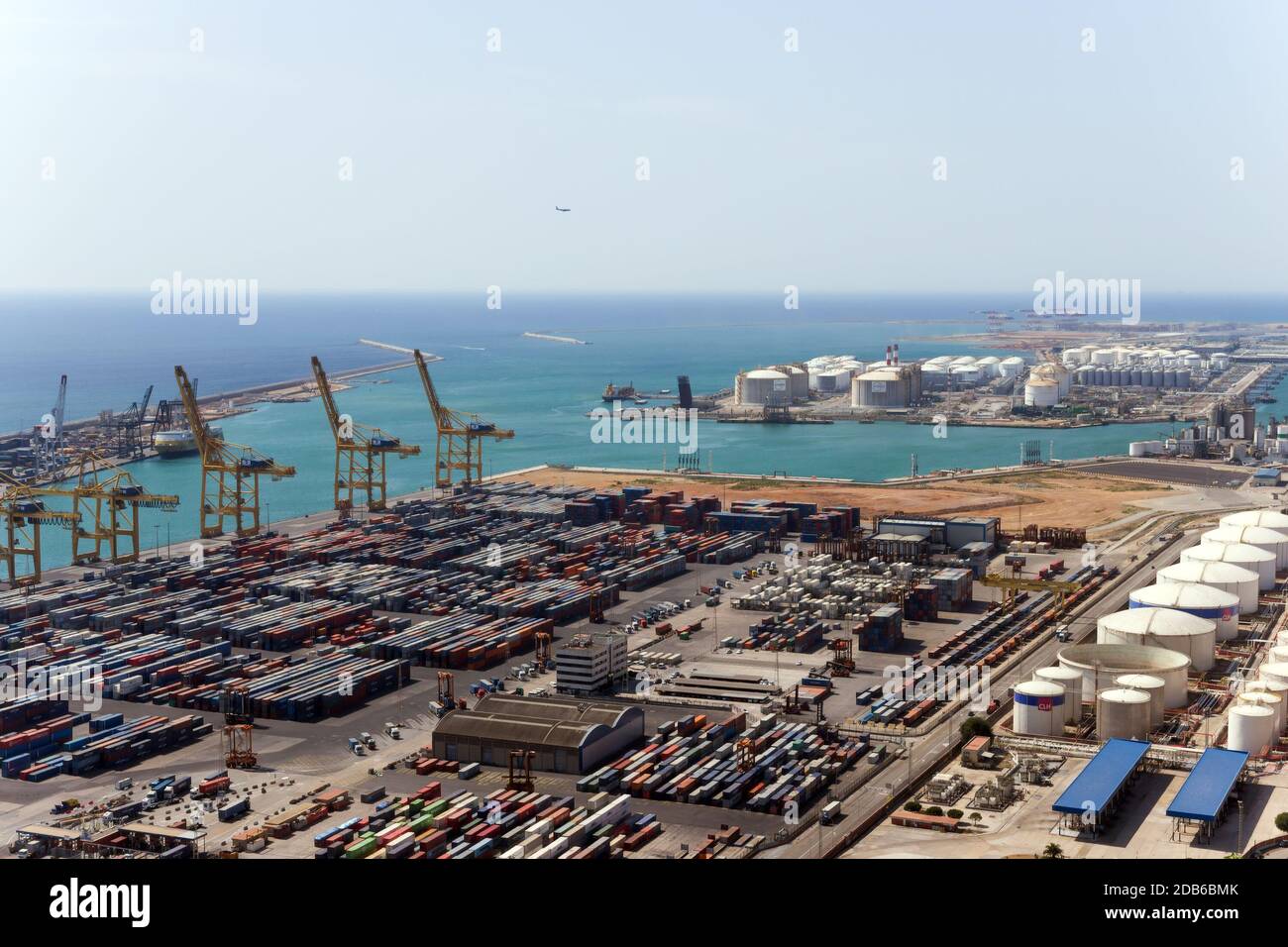 Container, commercial, industrial and logistics sea Port of Barcelona, Spain (ES). aerial view. Stock Photo