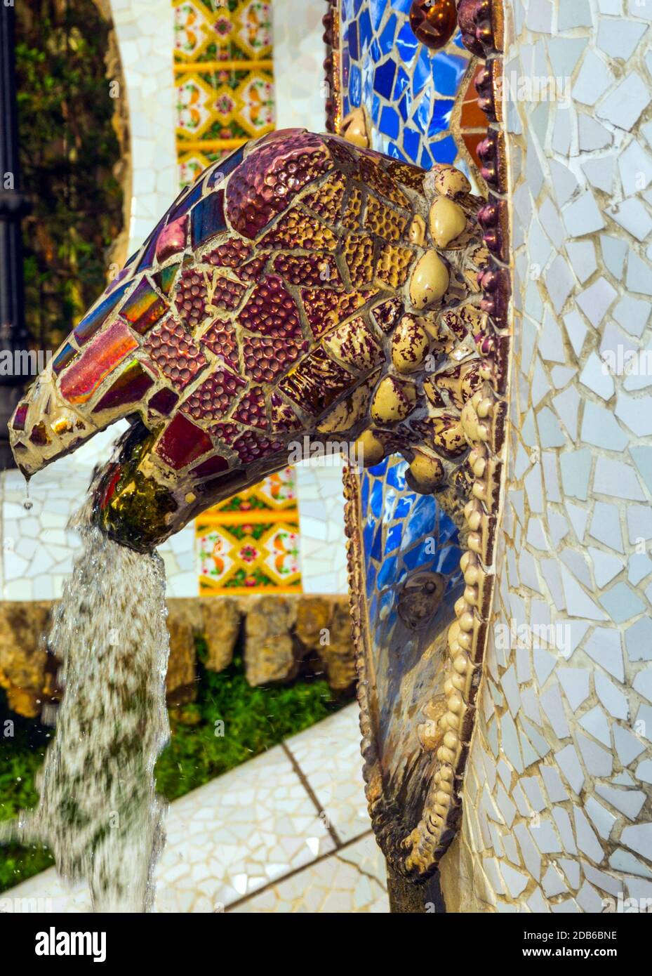 Fantan snake, Mosaic at the Parc Guell designed by Antoni Gaudi located on Carmel Hill, Barcelona, Spain. Stock Photo