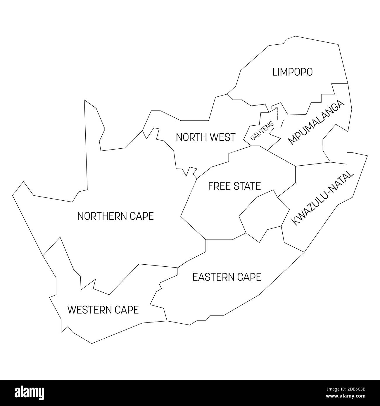 Black outline political map of South Africa, RSA. Administrative divisions - provinces. Simple vector map with labels. Stock Vector
