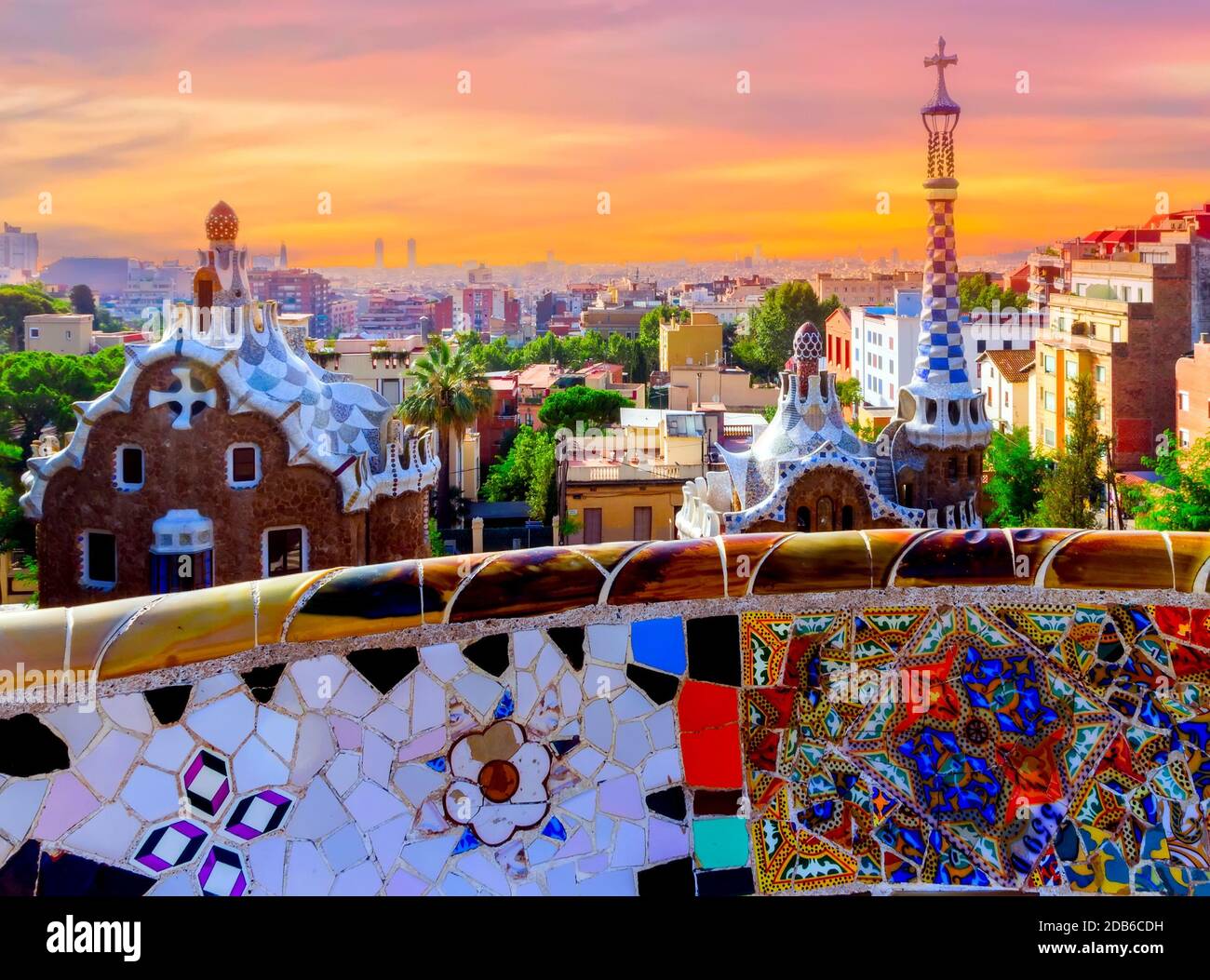 BARCELONA Park Guell architecture mosaics of Antonio Gaudi located on Carmel Hill Stock Photo