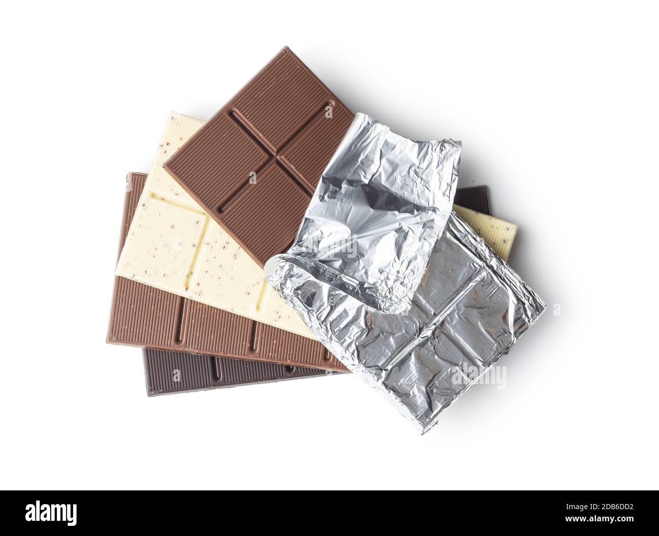 Wrapped chocolate bar in aluminum foil isolated on white background