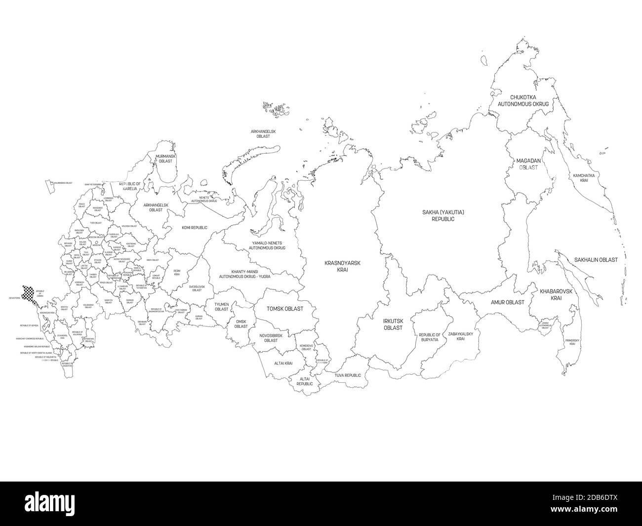 Political map of Russia, or Russian Federation. Federal subjects - republics, krays, oblasts, cities of federal significance, autonomous oblasts and autonomous okrugs. Simple black outline vector map with labels. Stock Vector