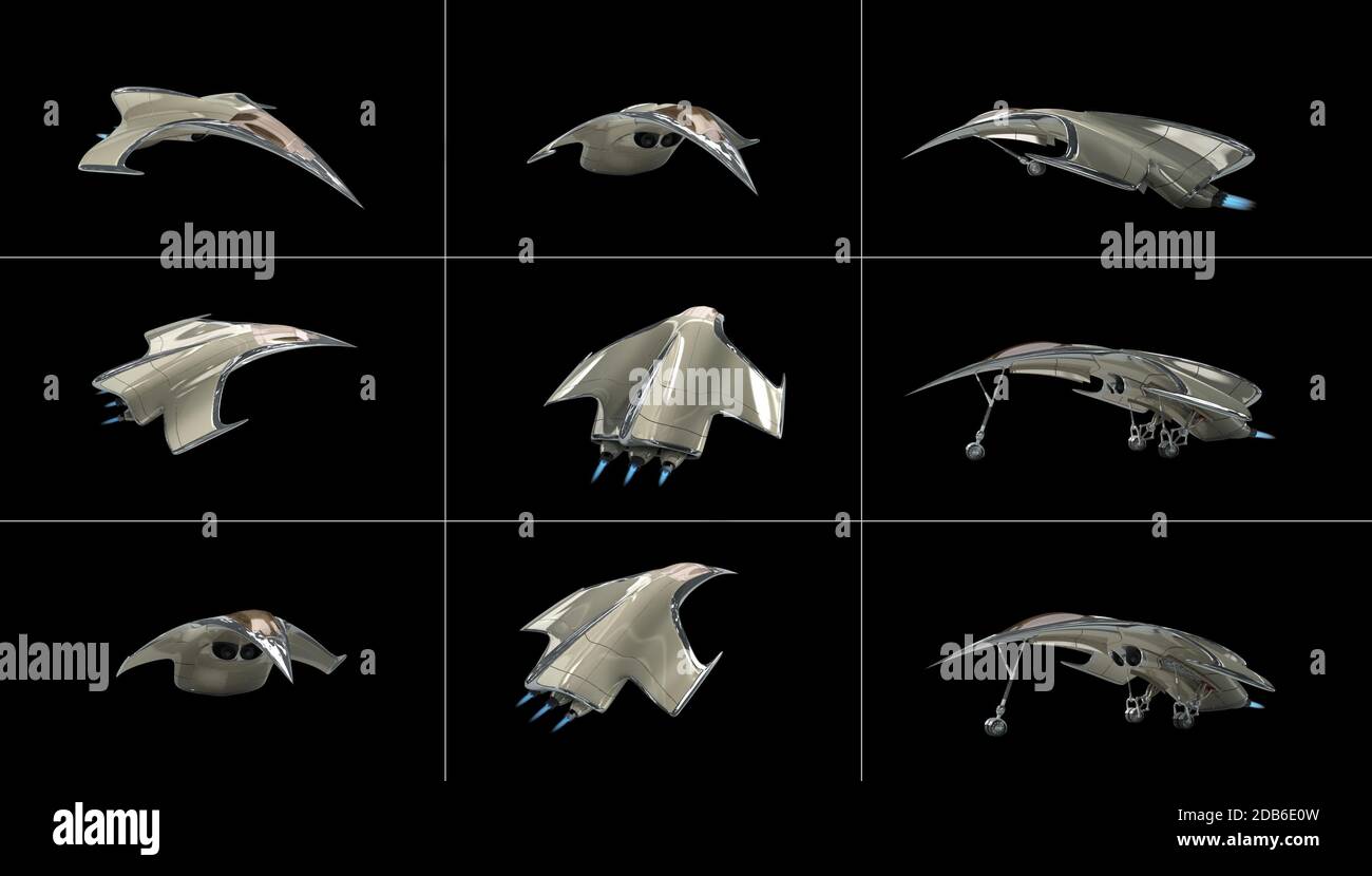 3D Illustration of a futuristic fighter plane from several angles, for science fiction or military aircraft backgrounds, with the clipping path includ Stock Photo