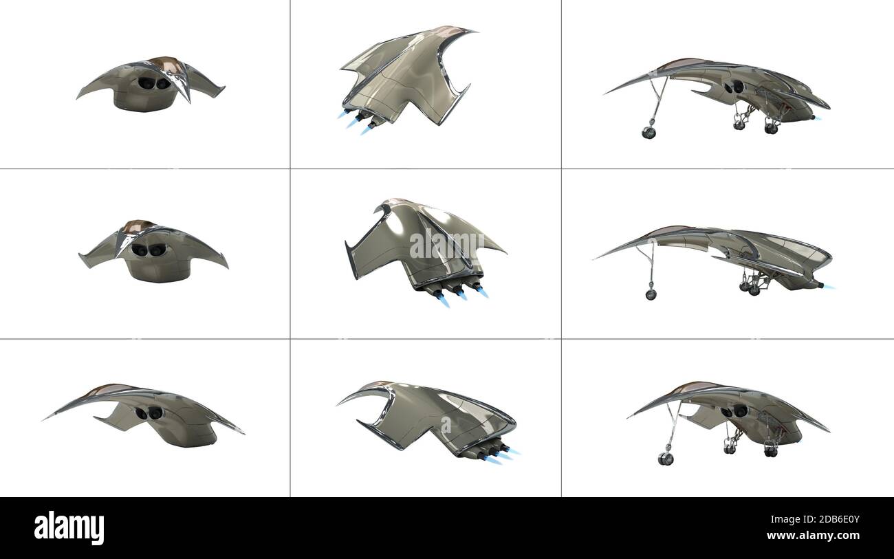3D Illustration of a futuristic fighter plane from several angles, for science fiction or military aircraft backgrounds, with the clipping path includ Stock Photo