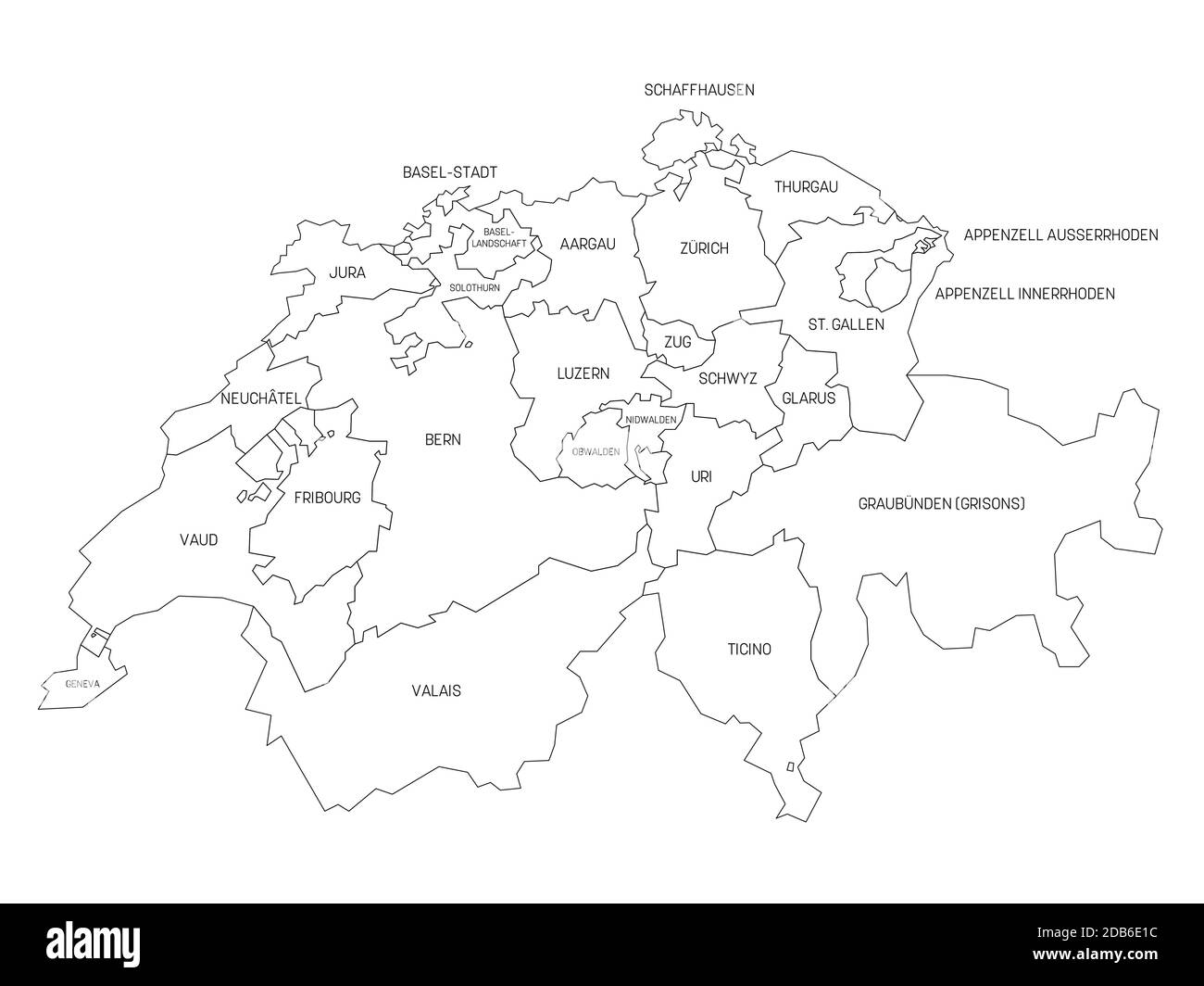 Black outline political map of Switzerland. Administrative divisions - cantons. Simple vector map with labels. Stock Vector