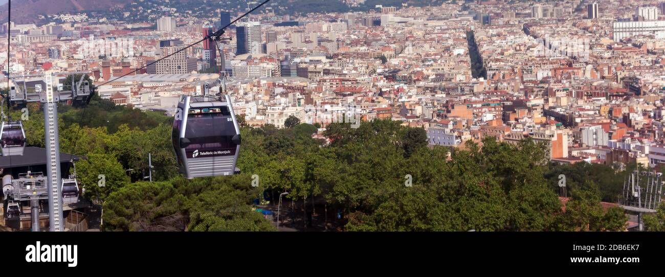 Montjuic Cable Cars operating with a scenic cityscape of Barcelona ...