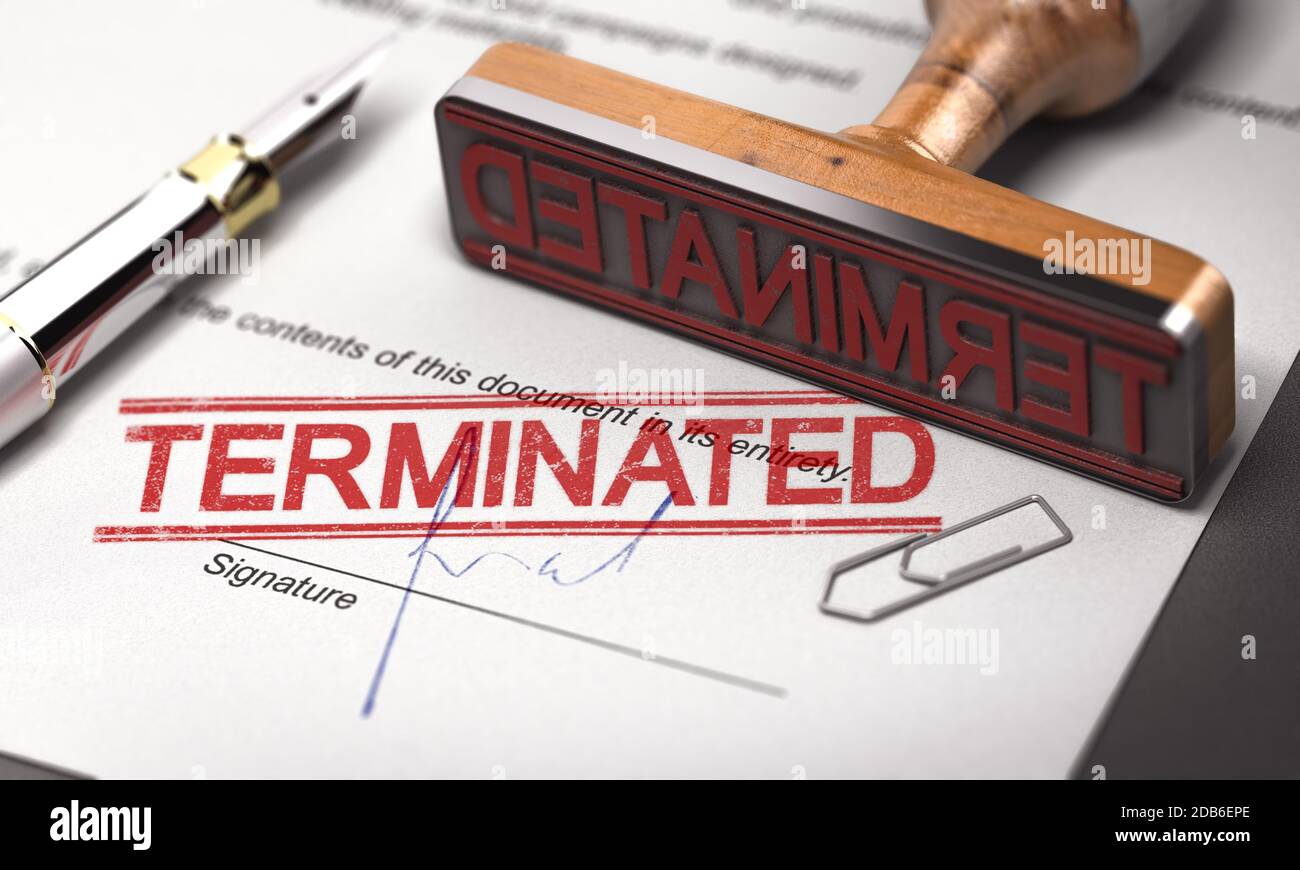 3D illustration of a contract termination agreement with a rubber stamp ...