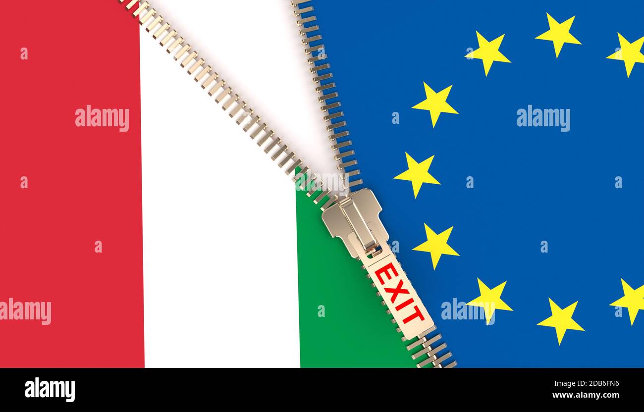 flags of Italy and Europe separate by opening a zip that holds them together. concept of separation and crisis of the eurozone and europe. italexit. 3 Stock Photo