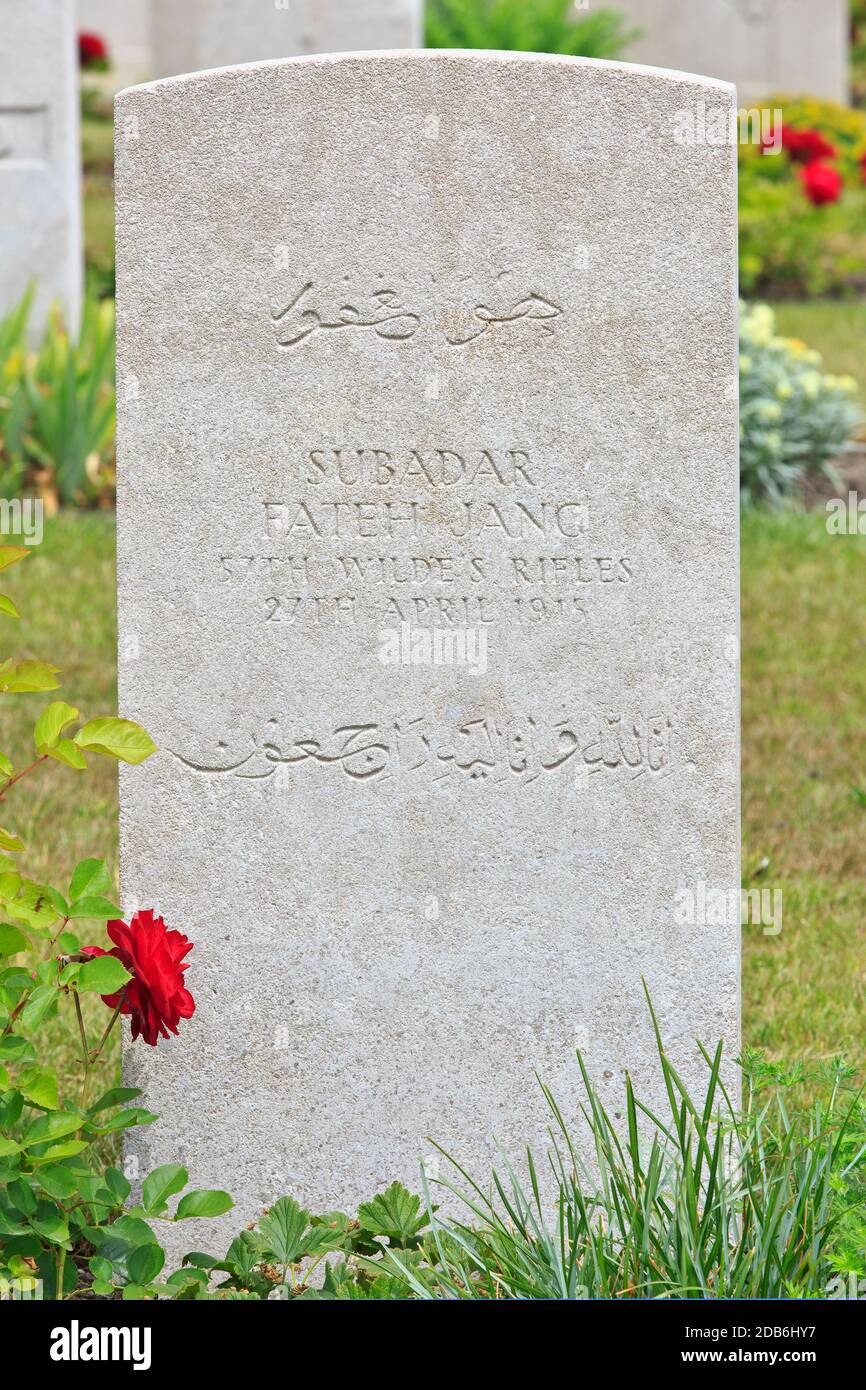 The grave of Subadar Fateh Jang of the 57th Wilde's Rifles (Frontier Force) at the Railway Dugouts Burial Ground in Ypres, Belgium Stock Photo