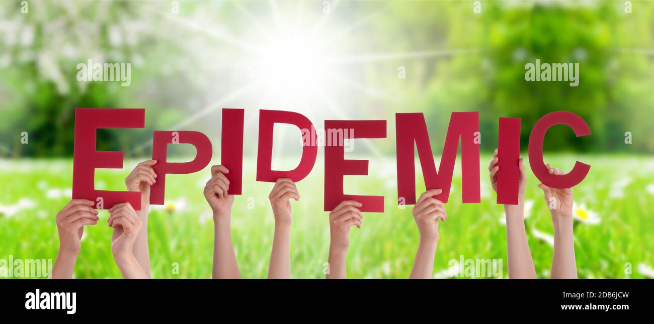 People Hands Holding Colorful English Word Epidemic. Sunny Green Grass ...