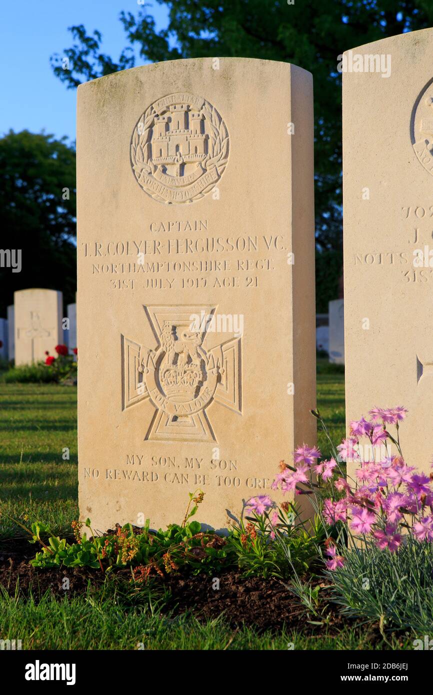 Grave of the English VC recipient captain Thomas Riversdale Colyer-Fergusson (1896-1917) at Menin Road South Military Cemetery, in Ypres, Belgium Stock Photo