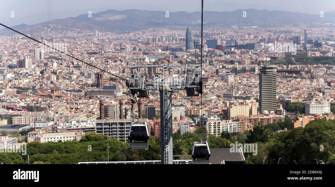 Barcelona cable cars Montjuic mountain. Barcelona ropeways city aerial
