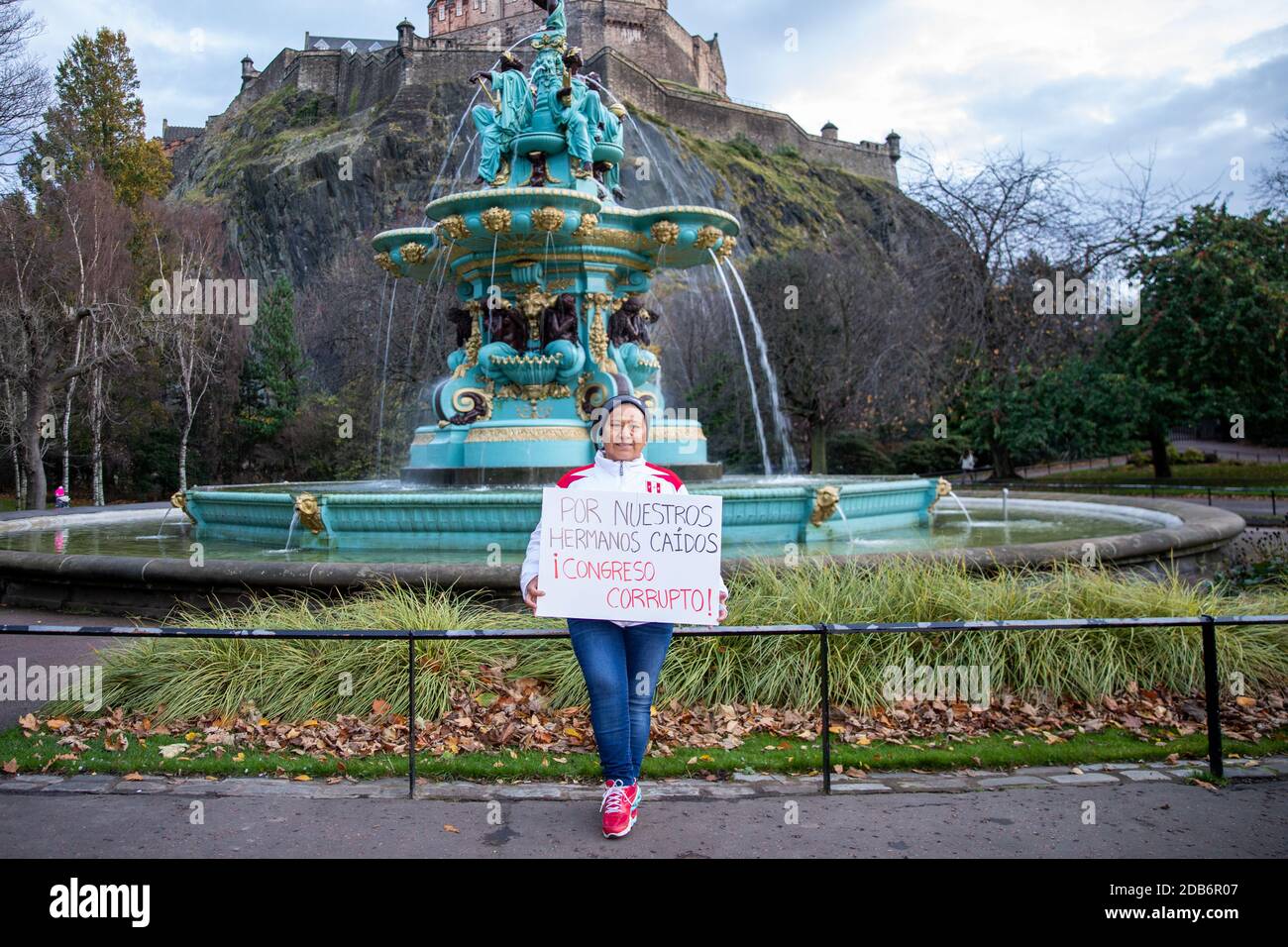 Peruvian residents in Edinburgh staged a small scale protest due to COVID19 restrictions in Central Edinburgh in support of pro democracy and anti corruption protests in Peru. Stock Photo