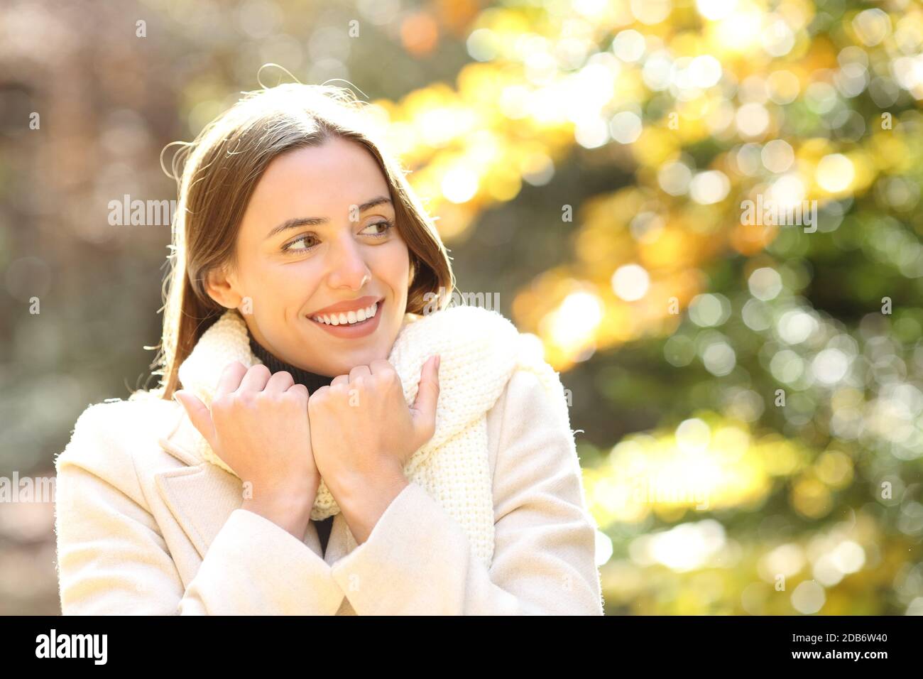 Portrait of a happy woman looking at side gragging scarf in a park in winter or fall in a park or forest Stock Photo