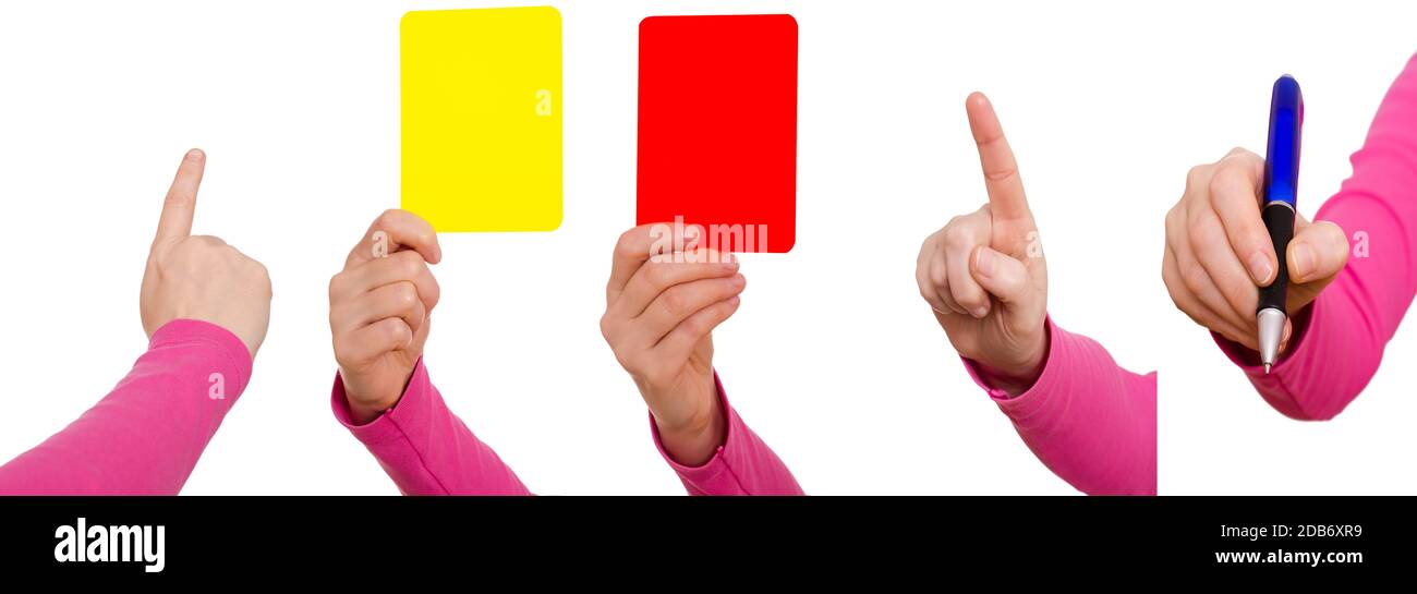 Hände einer Frau mit Zeigefinger, Kugelschreiber, gelbe und rote Karte als Freisteller Stock Photo