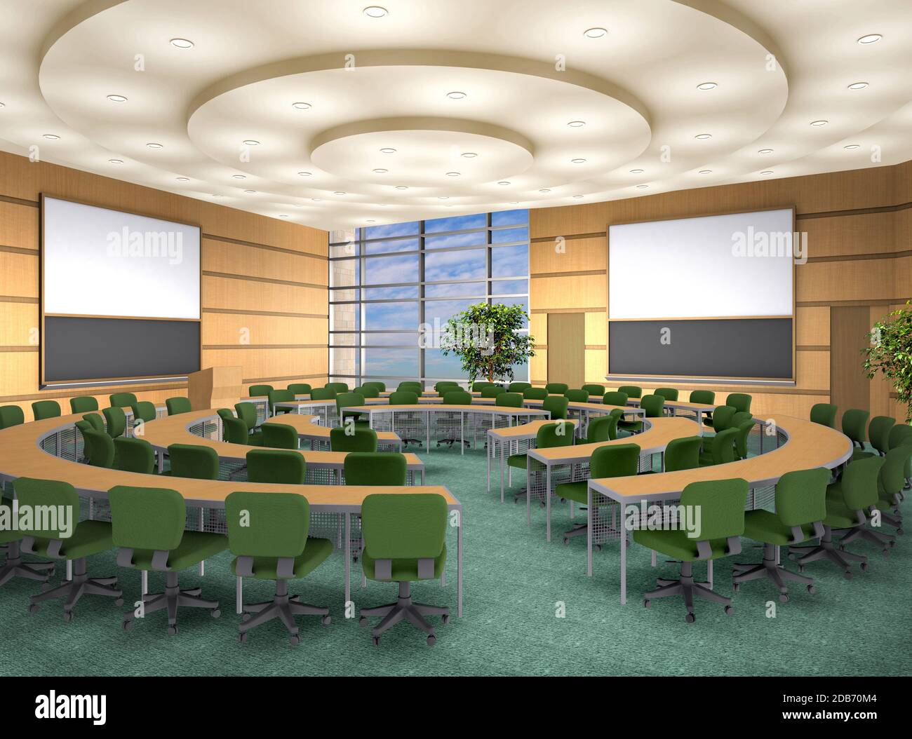 3D Illustration of an empty circular classroom, for school and