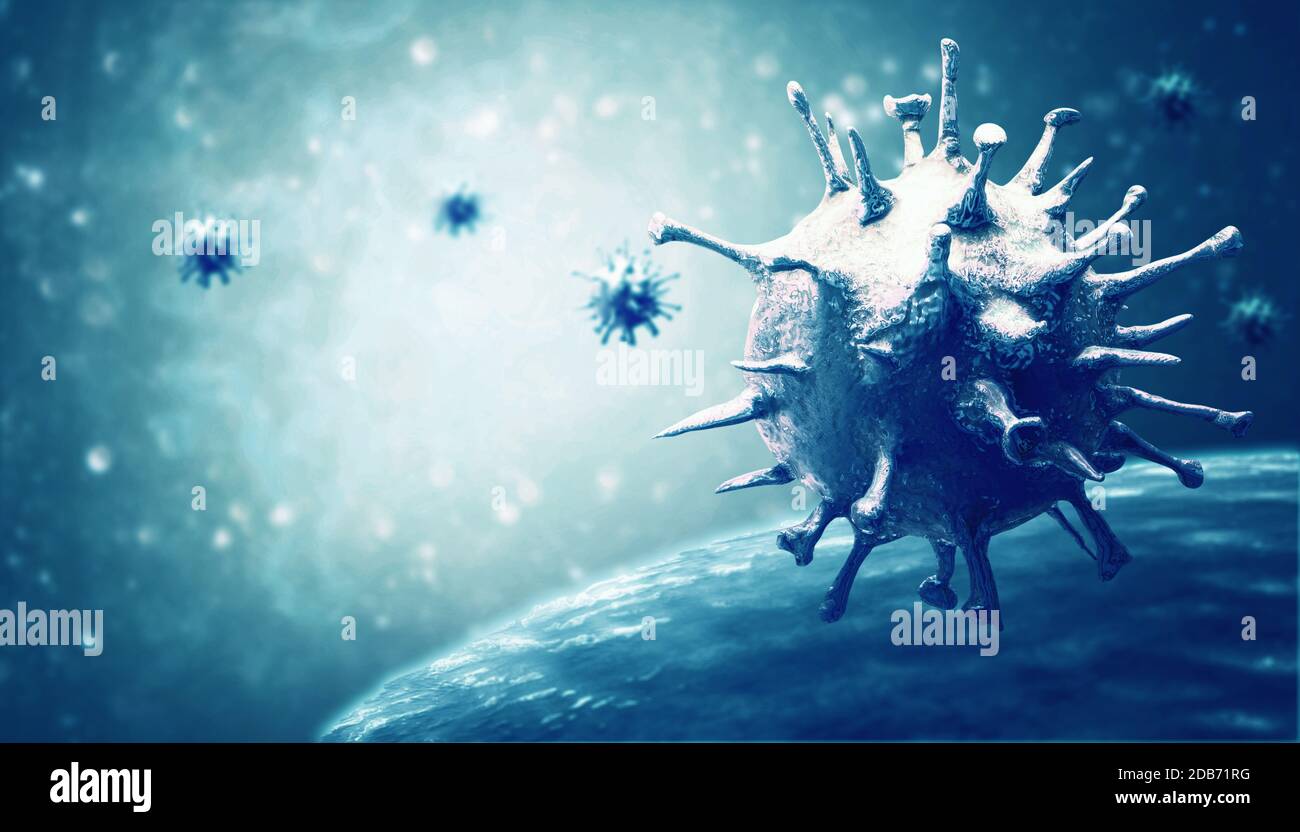 Flu Cell Model Microscopic view of influenza virus cells. 3D medical illustration ...