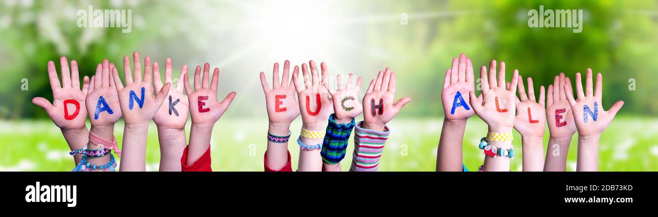 Kids Hands Holding Colorful German Word Danke Euch Allen Means Thank