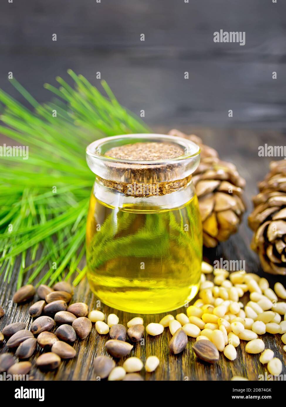 Cedar oil in a glass jar, two cedar cones, nuts and green twigs on a wooden board background Stock Photo