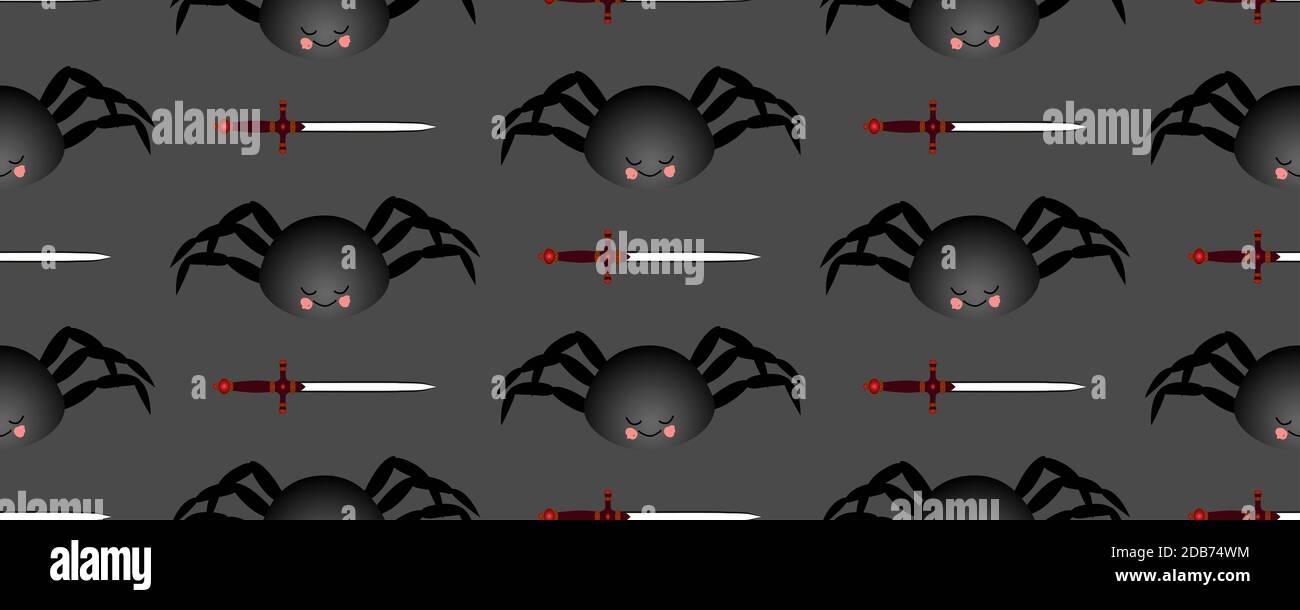 Black spider pattern. Mch on a dark background. Seamless pattern for textile and fabric design. Stock Photo