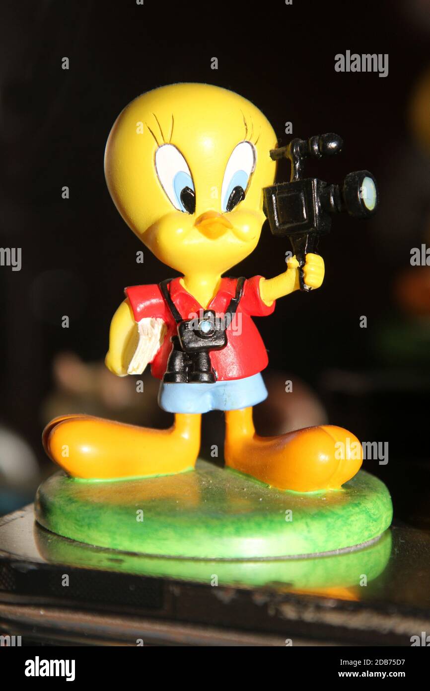 Model of Tweety Pie holdiong a camera , part of a collection of photographers bric a brac Stock Photo