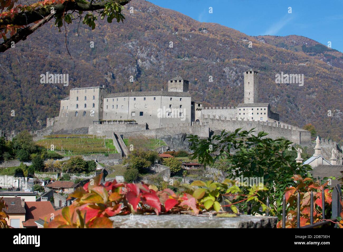 Beautiful view on autumn of the Castel Grande castle located in the Ticino Canton in Switzerland Stock Photo