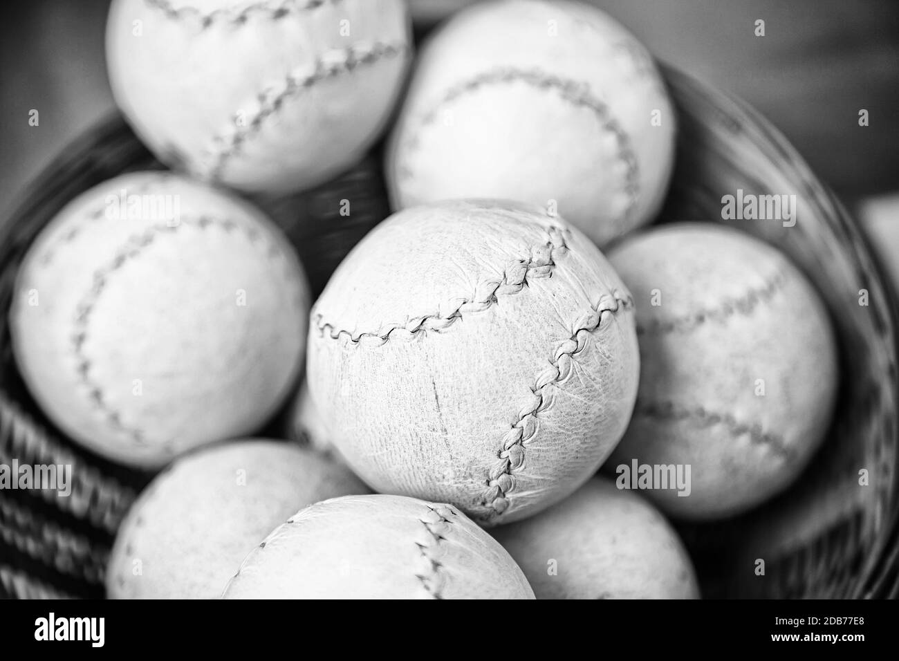 Sewn leather balls, balls detail of a traditional handmade object, sport Stock Photo