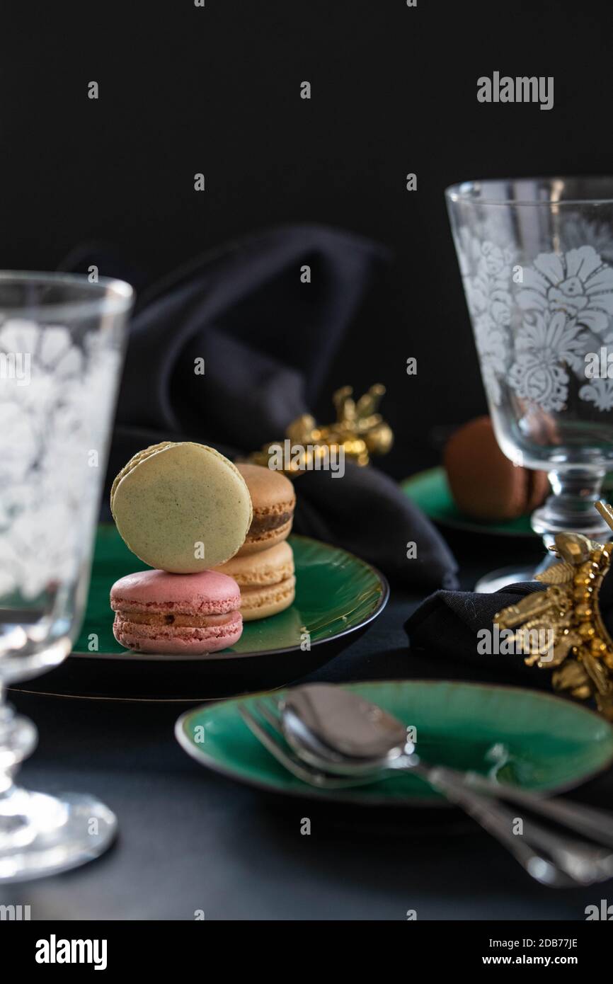 Closeup of macarones with a cup of coffee. Stock Photo