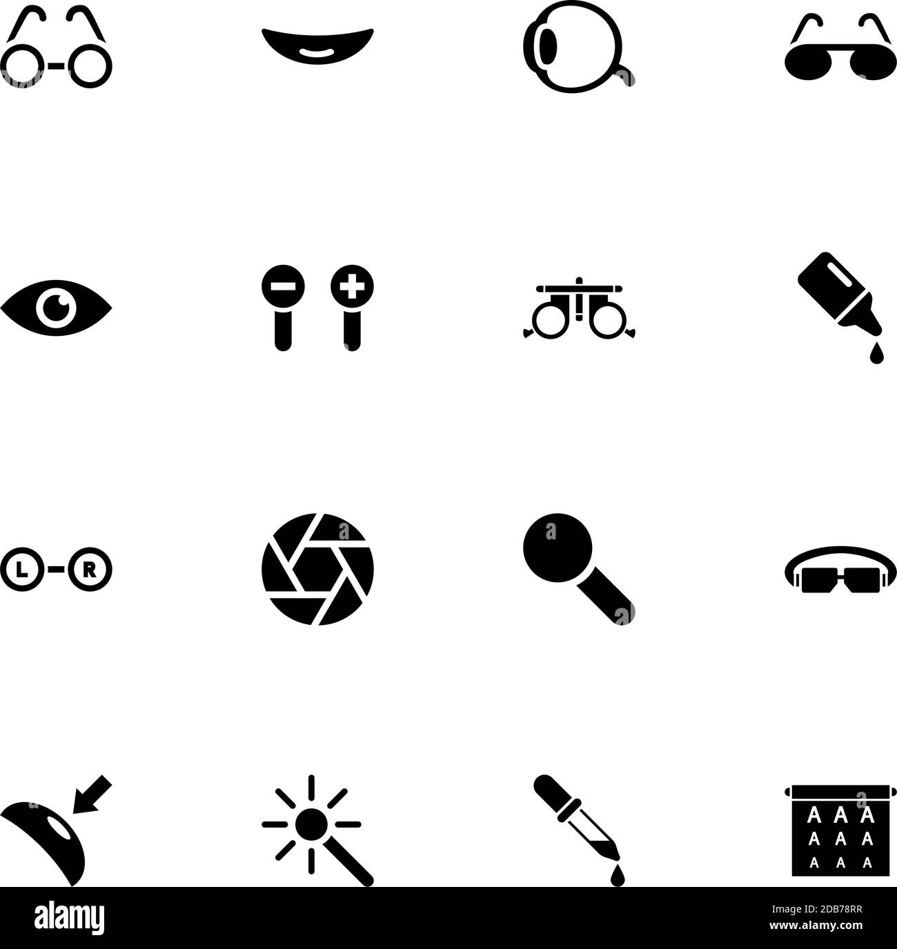 Optometry icon - Expand to any size - Change to any colour. Perfect Flat Vector Contains such Icons as trial lens, glasses, eye drops, pipette dropper Stock Vector