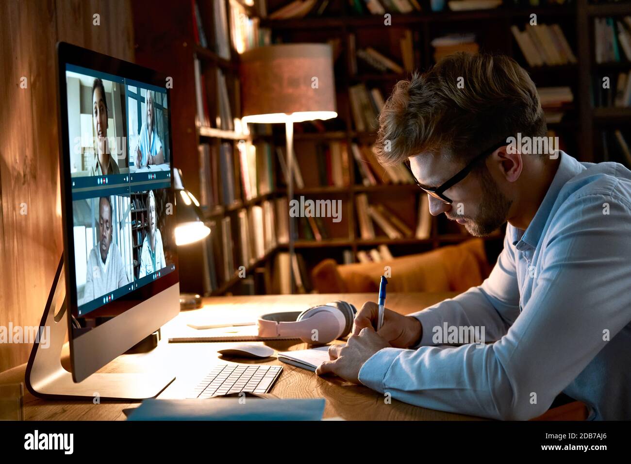 Video conferencing, work remotely, online meeting. Man and browser window  with video calling. 3d render Stock Photo - Alamy