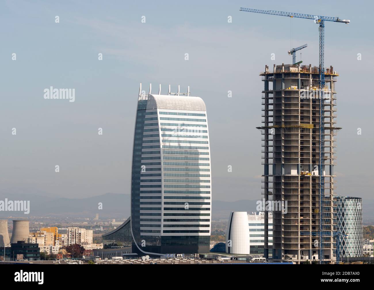 Sky Fort office building development and under construction site by A&A Architects and completed Capital Fort in Sofia Bulgaria as of October 2020 Stock Photo