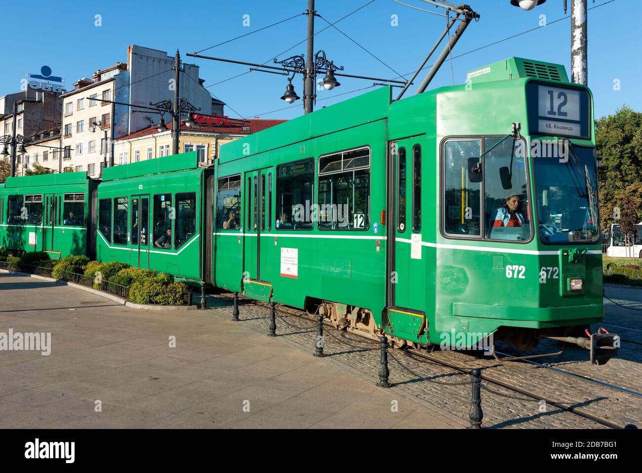 Single Be 4/6 S Schindler/Siemens or Schindler Waggon AG Be 4/6 green tram or Green Cucumber in downtown Sofia Bulgaria Stock Photo