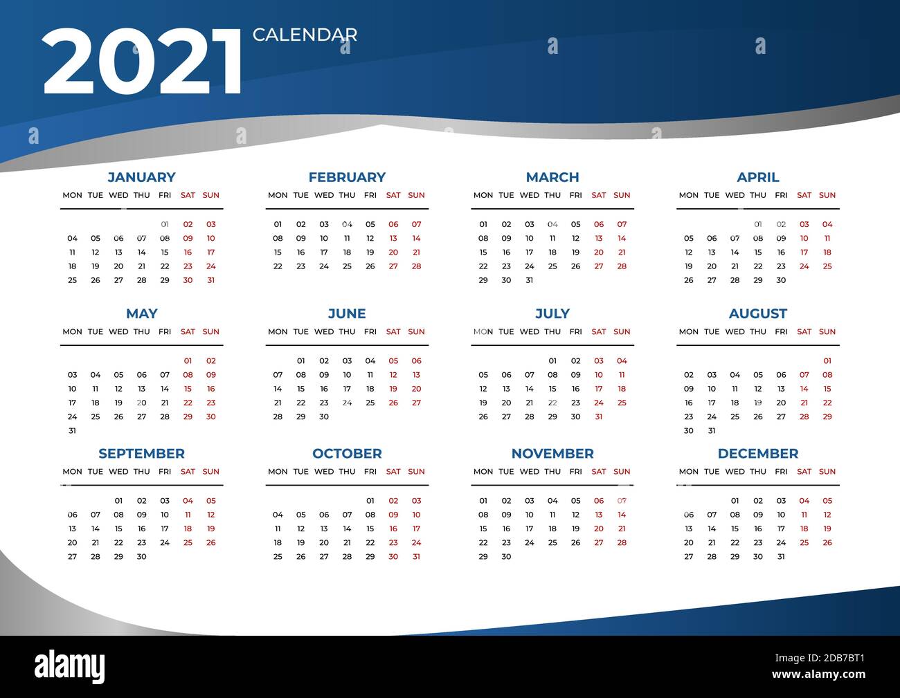 Wall calendar for 2021 year in clean minimal style. Corporate design planner template. Week Starts on Monday. Set of 12 Months. Ready for print. Stock Vector