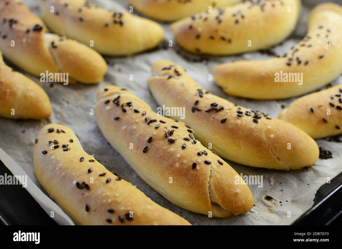 Homemade fresh baked white bread rolls called rohlik in traditional