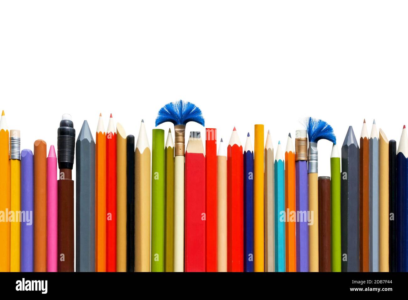 Colorful pencils and erasers in row isolated Stock Photo