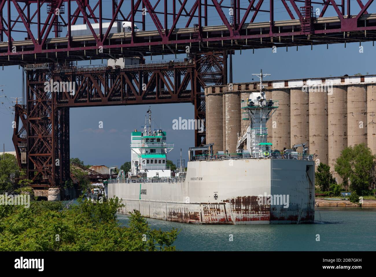 Cement carrier of Lafarge company making her way on the Calumet River in Chicago towards the company's cement plant near 130th Street. Stock Photo
