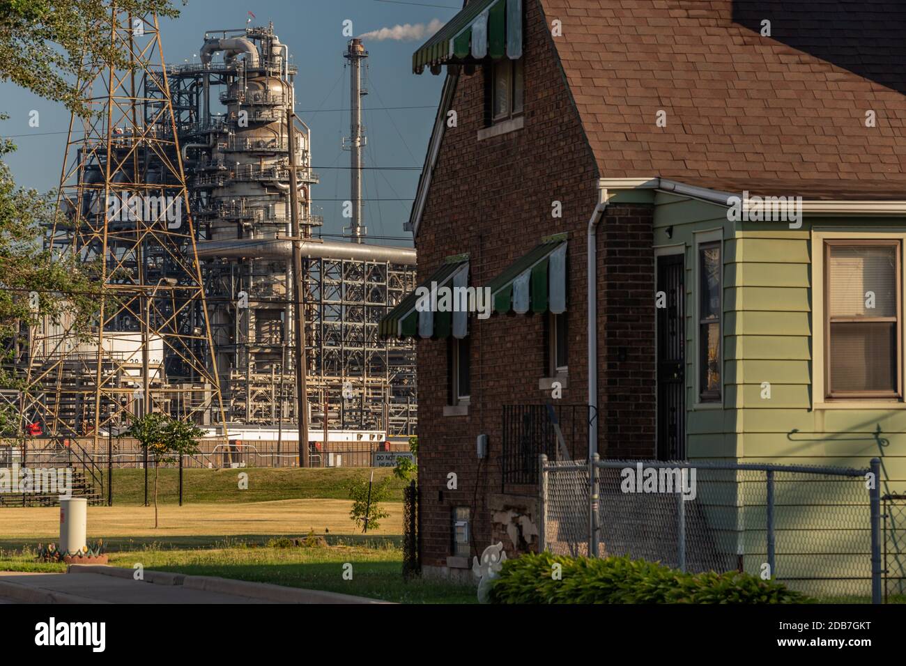 BP refinery pipe still, with house in East Chicago, Indiana in the foreground Stock Photo